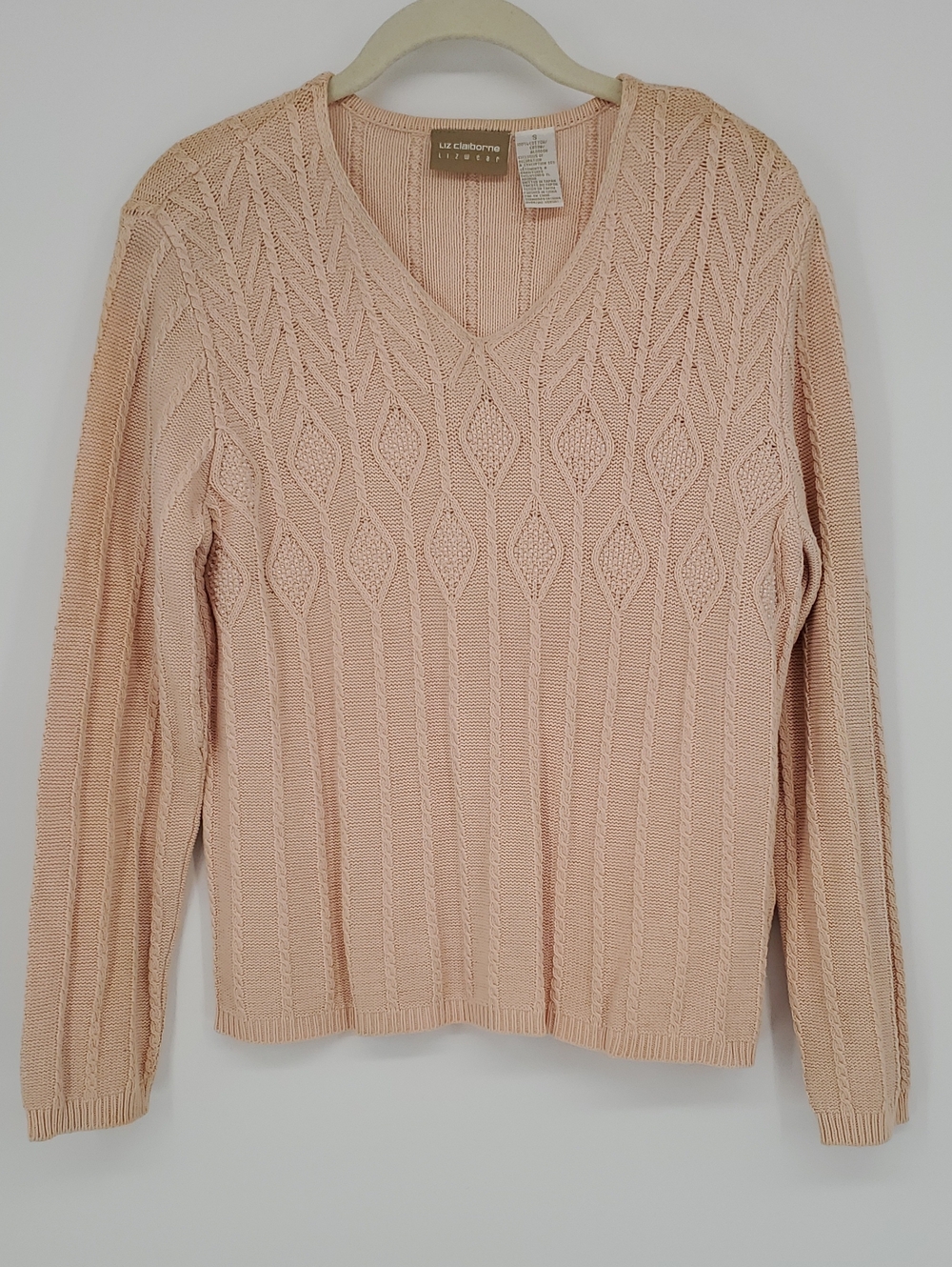 Liz Claiborne 100% Cotton Pink V-Neck Sweater With Bead Details Size Small